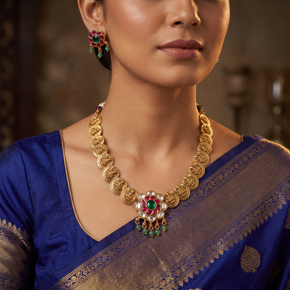 Lakshmi Coin Antique Necklace Set with Floral Centrepiece