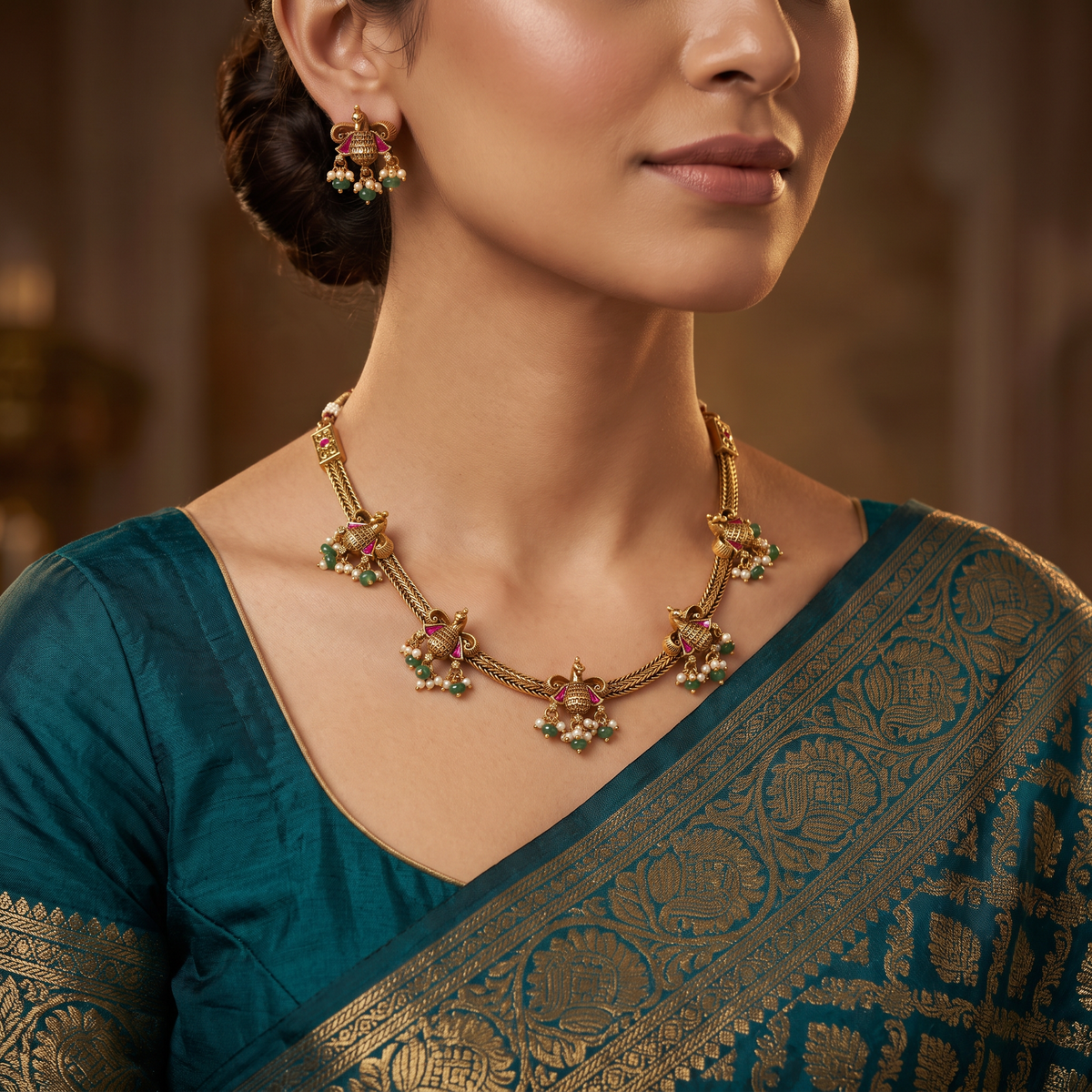 Braided Antique Necklace Set with Decorative Jumka Charms