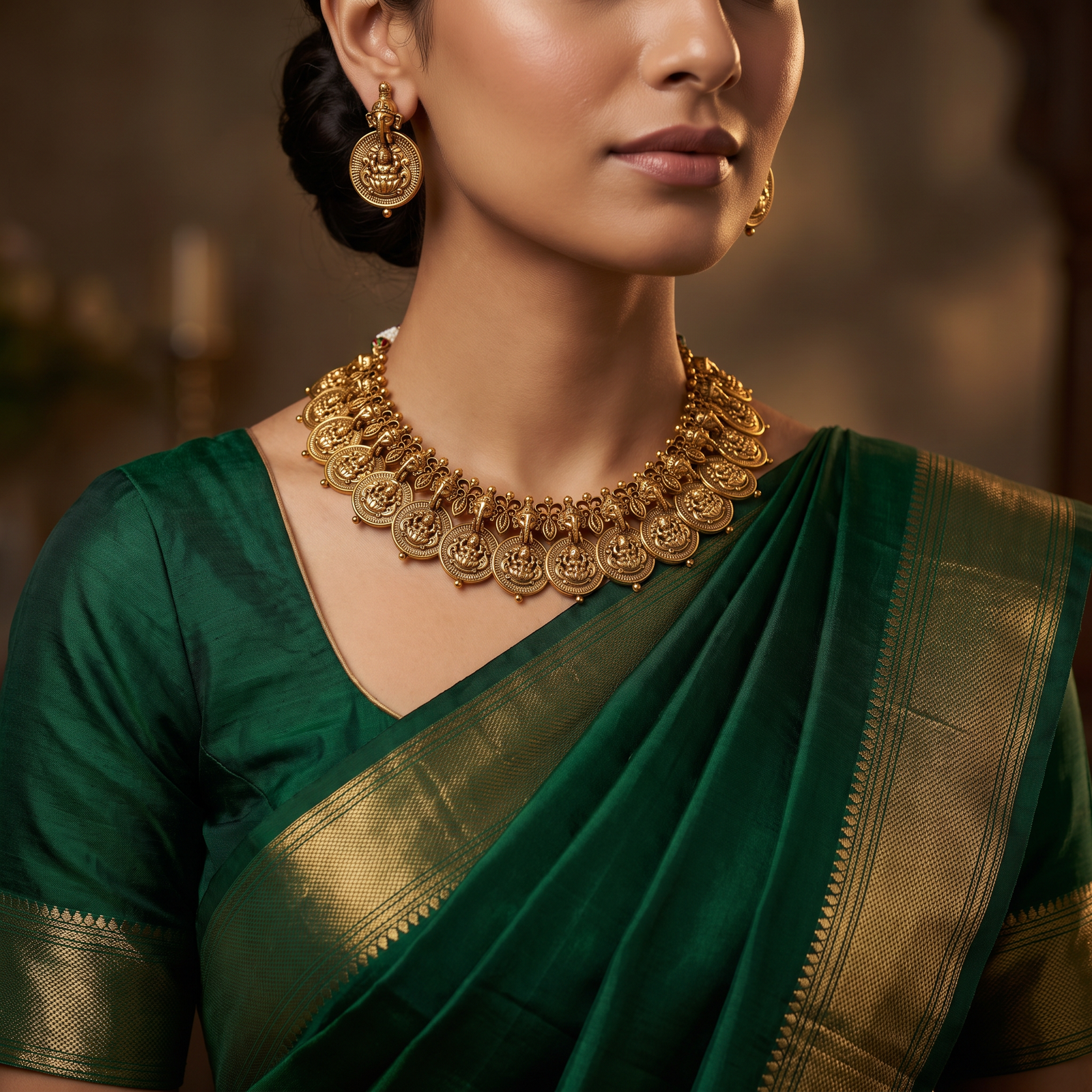 Divine Temple Necklace with Repeating Lakshmi Coins and Ornamental Ganesha Design
