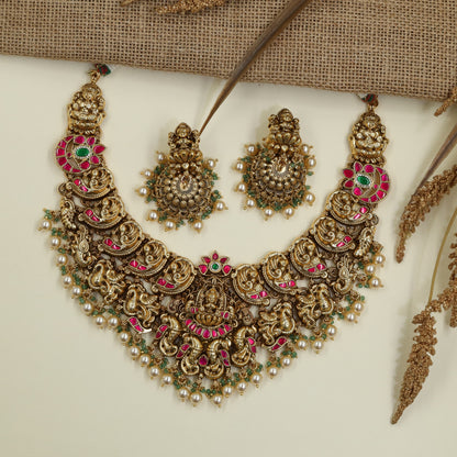 Premium Antique Necklace with Lakshmi Peacock Statement Pendant