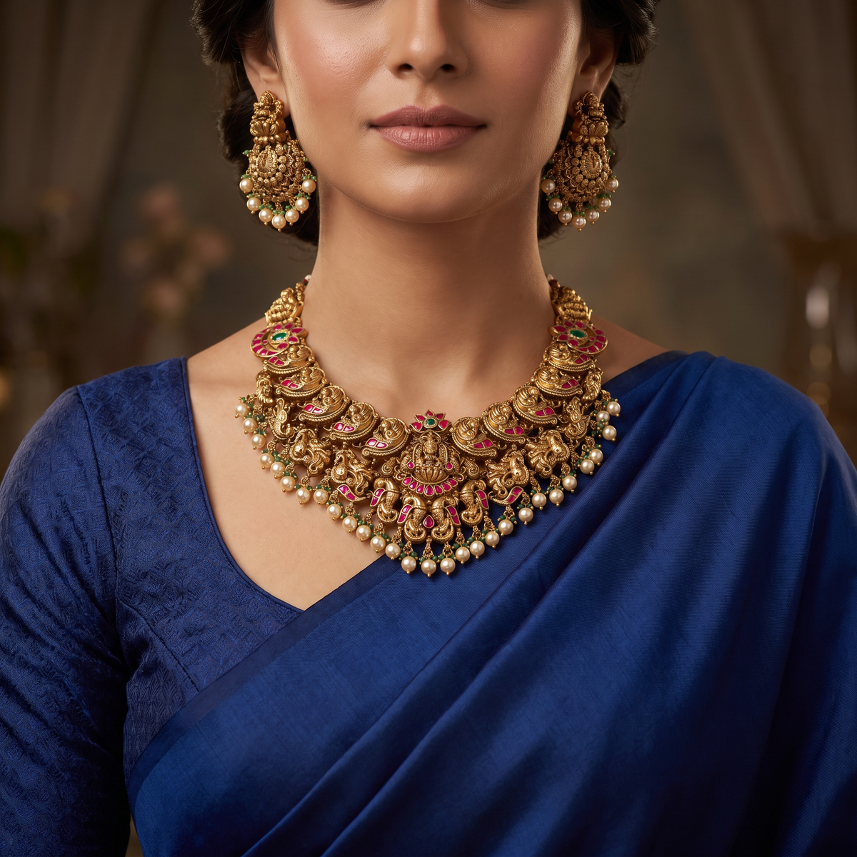 Antique Lakshmi Peacock Necklace Set with Statement Pendant