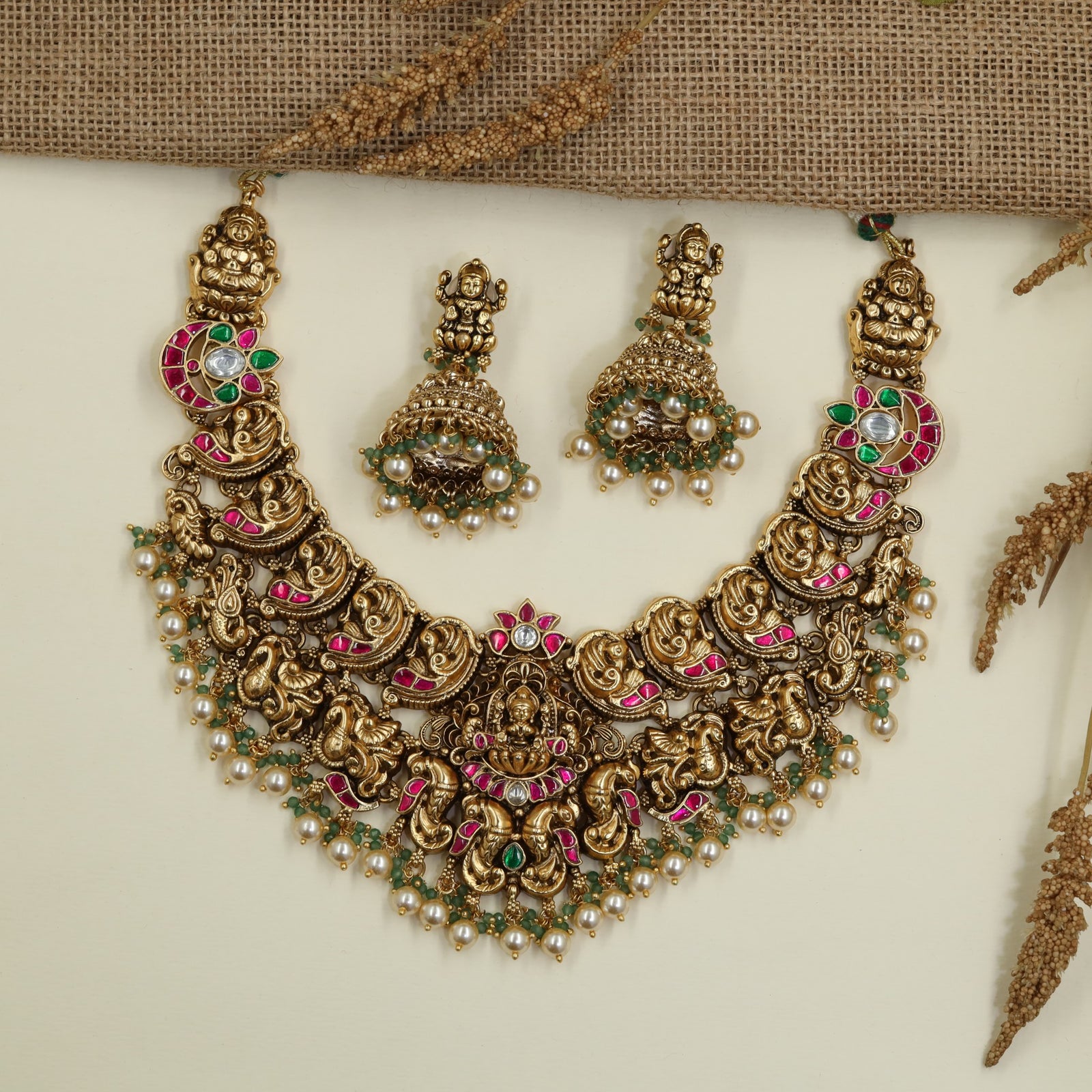 Premium Antique Necklace with Lakshmi Peacock Statement Pendant