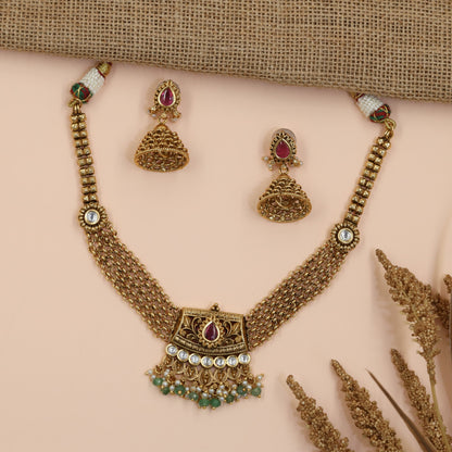Antique Multi-Chain Necklace Set with Decorative Bead Drops