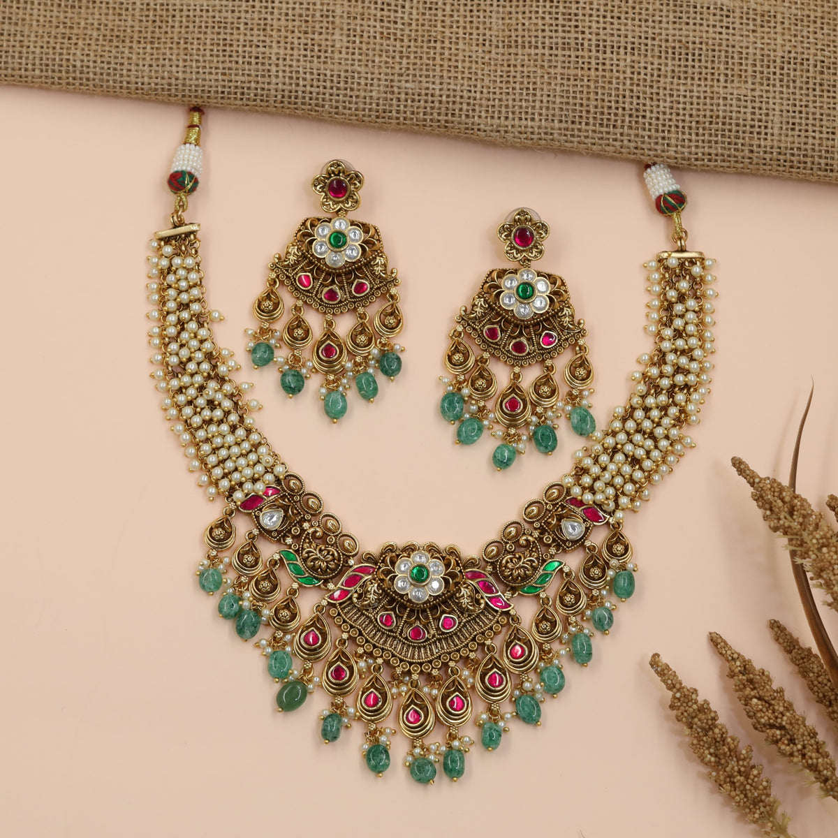 Antique Multi-Strand Necklace Set with Floral Centrepiece