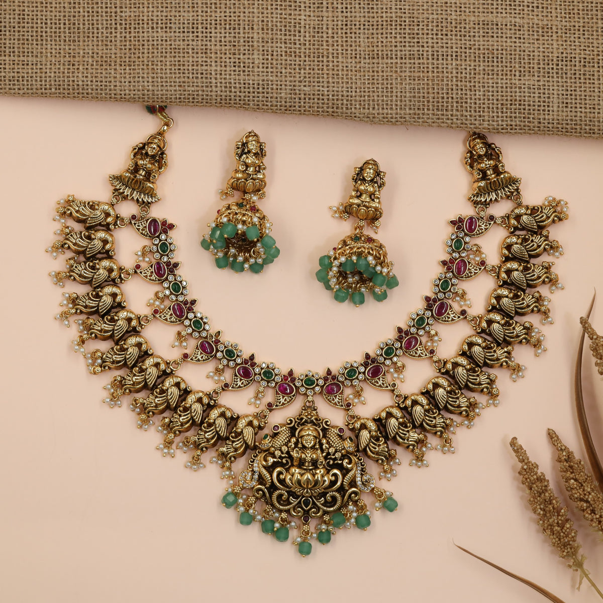 Peacock Lakshmi Antique Temple Necklace Set