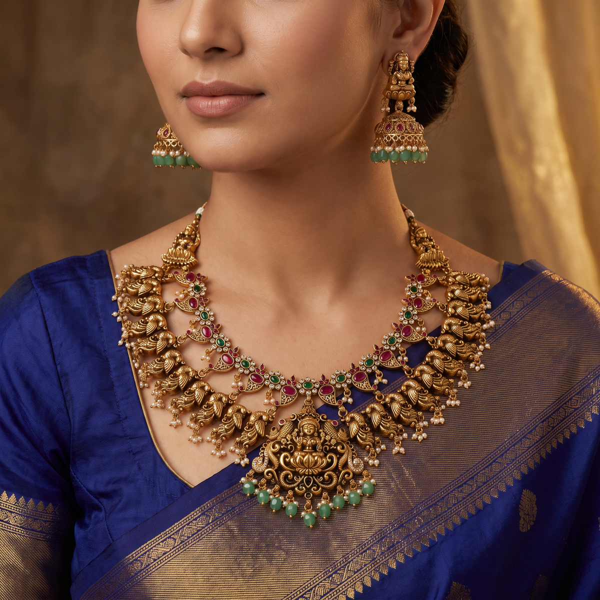 Peacock Lakshmi Antique Temple Necklace Set