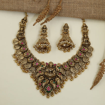 Handcrafted Antique Necklace with Lakshmi and Peacock Craftsmanship
