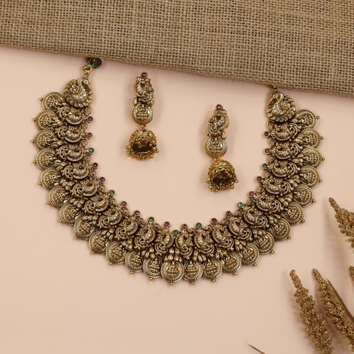 Sculpted Peacock Antique Necklace Set with Coin Border
