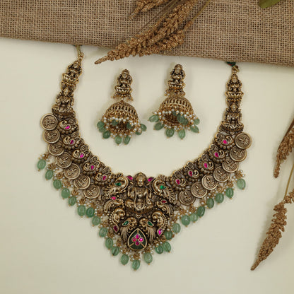 Antique Lakshmi Peacock Necklace Set with Handcrafted Detailing