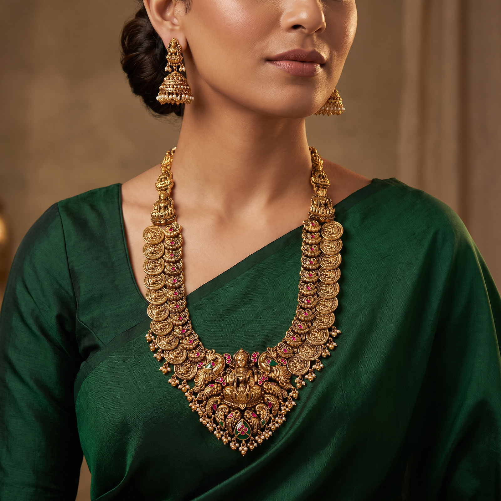 Grand Antique Long Haara with Temple Peacock Statement Pendant