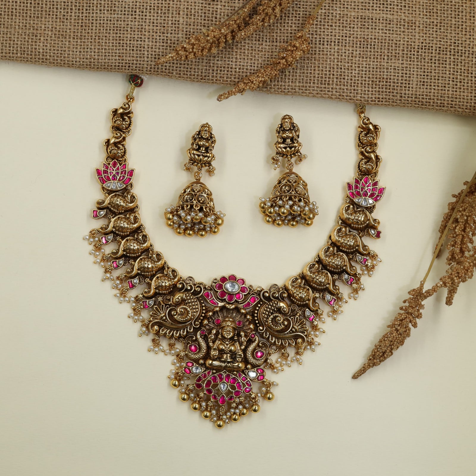 Premium Antique Necklace with Temple Lakshmi Craftsmanship