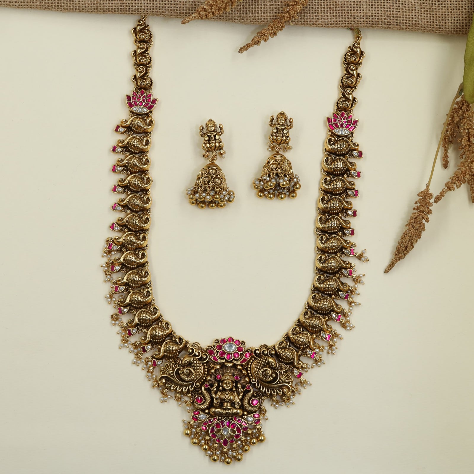 Classic Antique Long Haara with Peacock-Inspired Temple Design