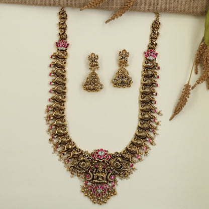 Classic Antique Peacock Long Haara Set with Temple Design