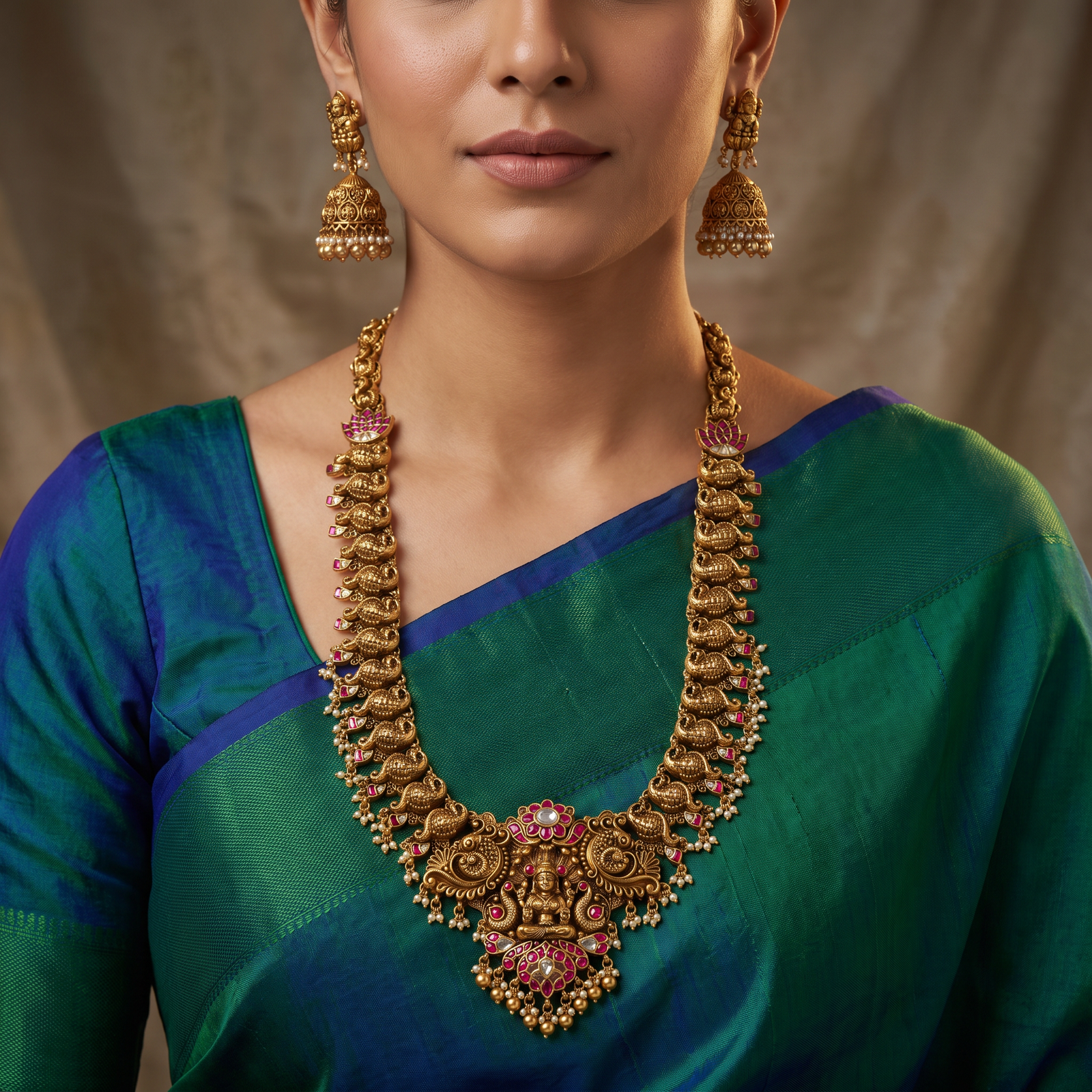 Classic Antique Long Haara with Peacock-Inspired Temple Design