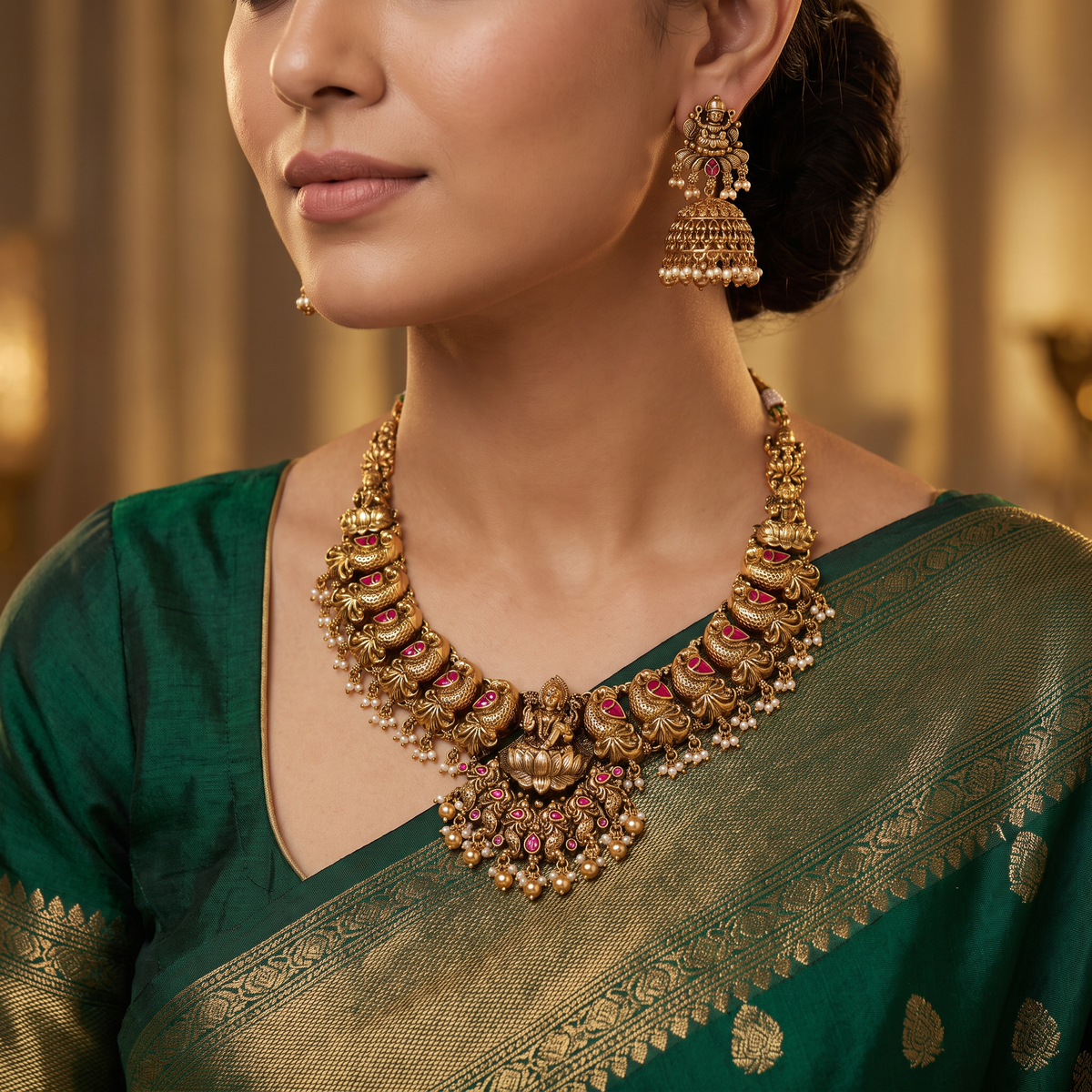 Antique Lakshmi Necklace Set with Sculpted Peacock Wings