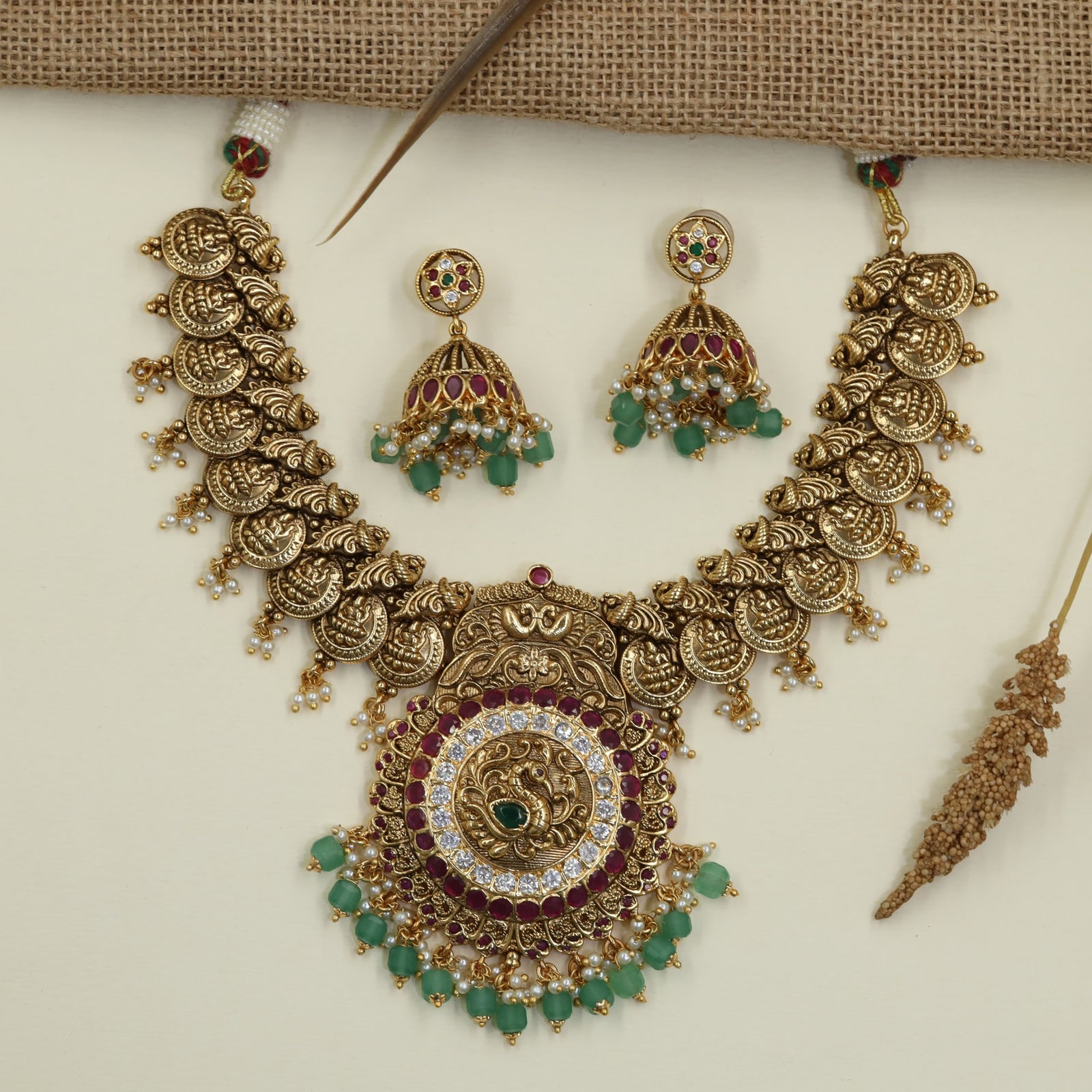 Royal Antique Necklace with Traditional Coin and Peacock Detailing