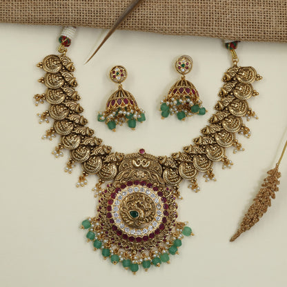 Royal Antique Necklace with Traditional Coin and Peacock Detailing
