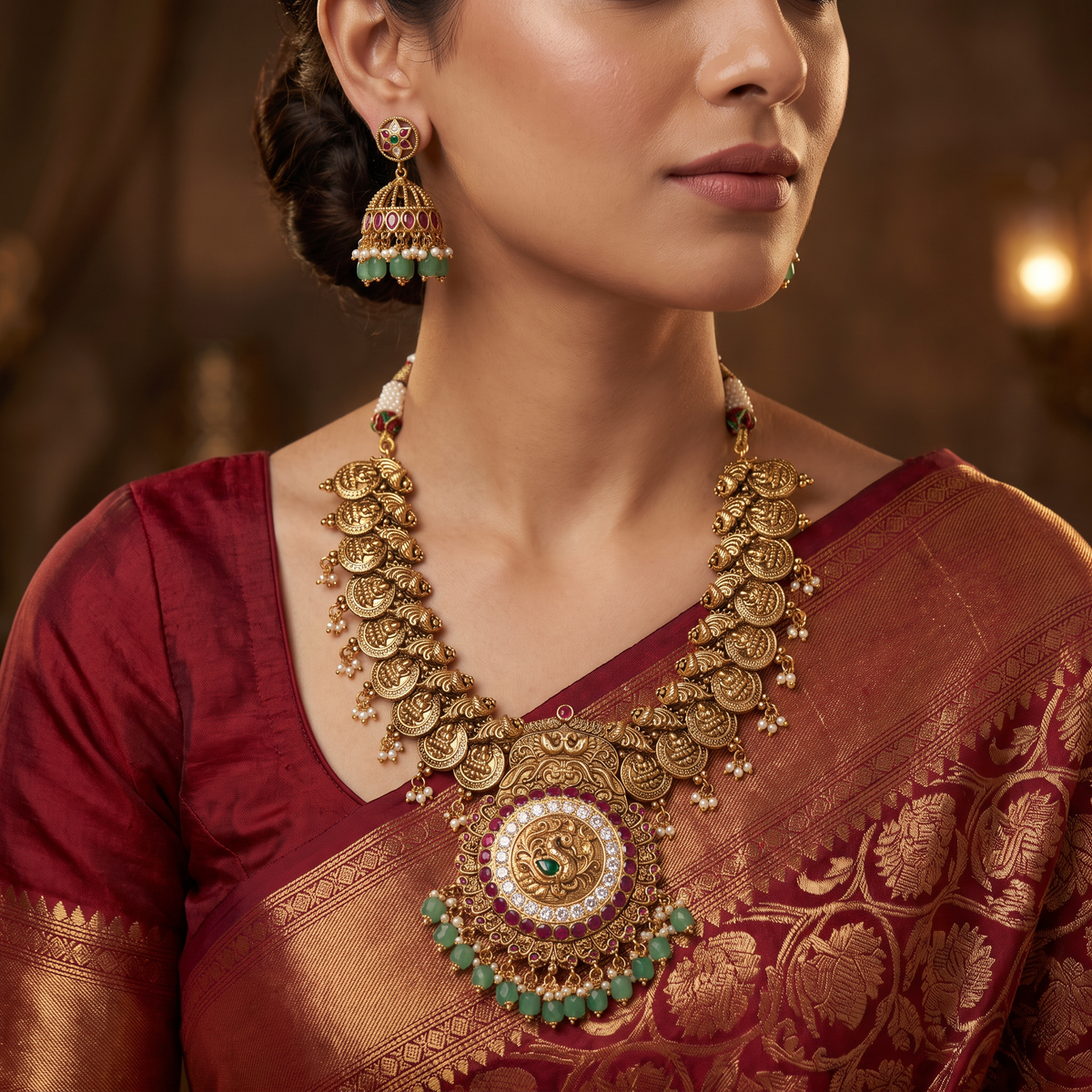 Royal Antique Peacock Necklace Set with Coin Detailing