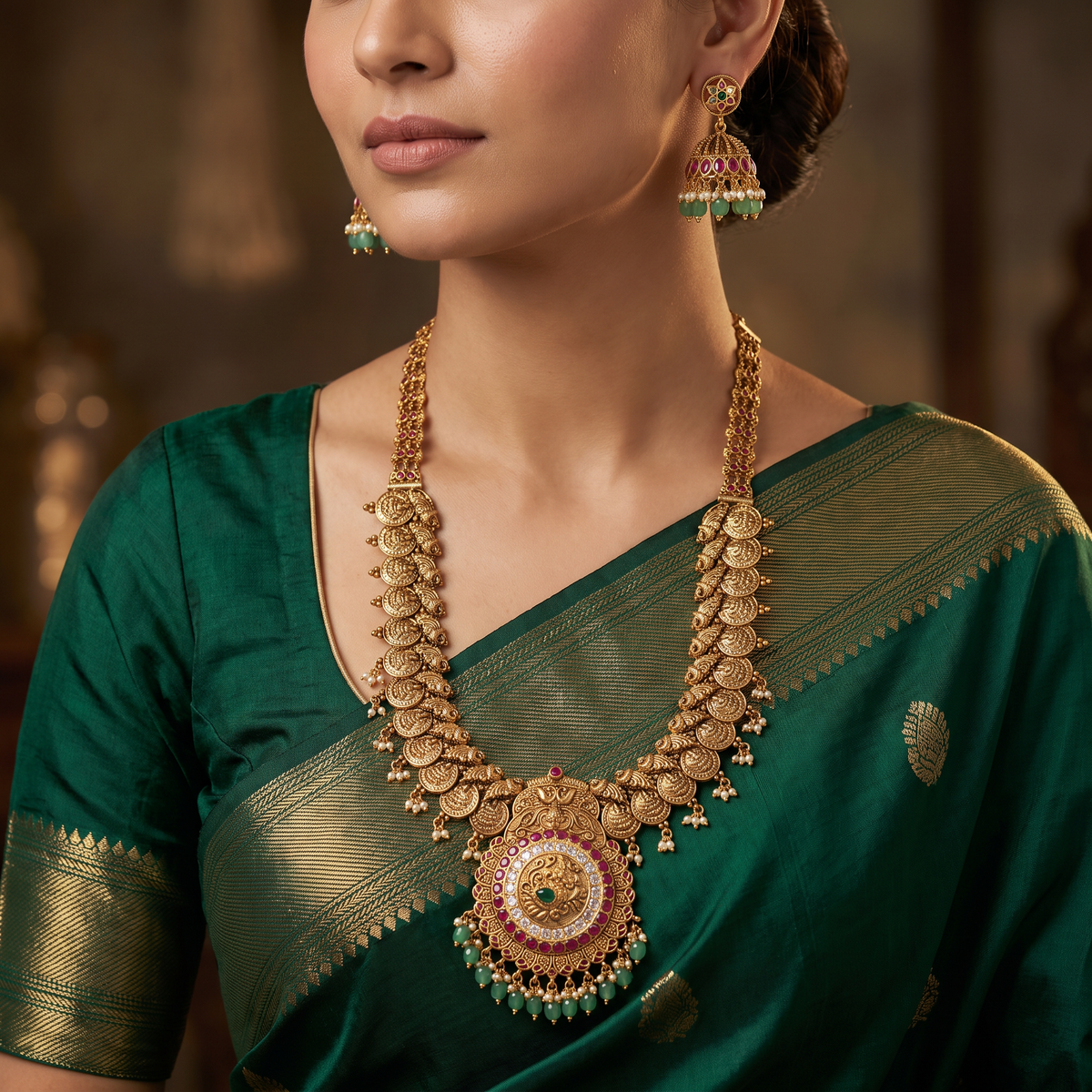 Timeless Antique Peacock Long Haara Set with Centrepiece
