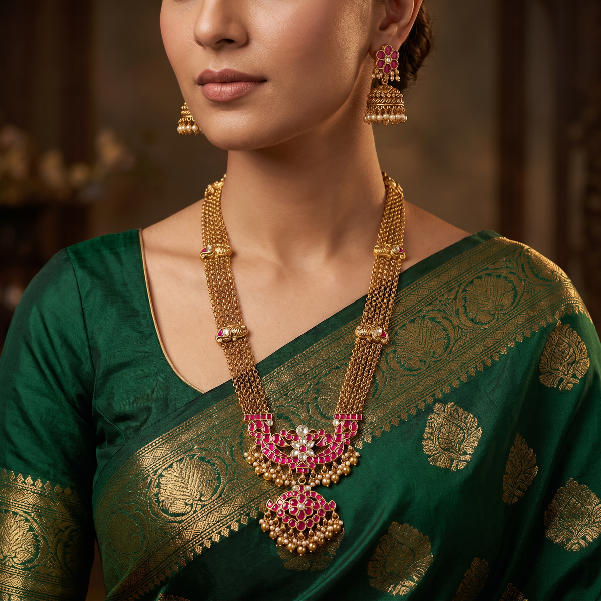 Classic Jadau Long Haara Set with Layered Chains