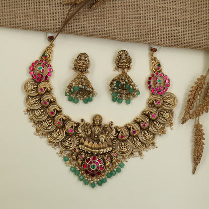 Classic Gajalakshmi Antique Necklace Set with Peacock Coins