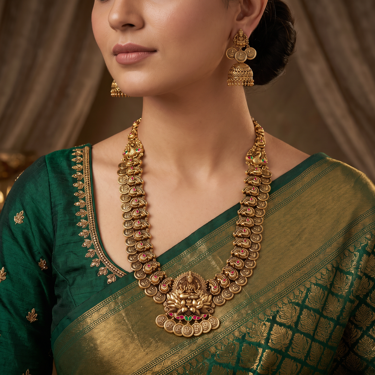 Antique Peacock Lakshmi Long Haara Set with Centrepiece