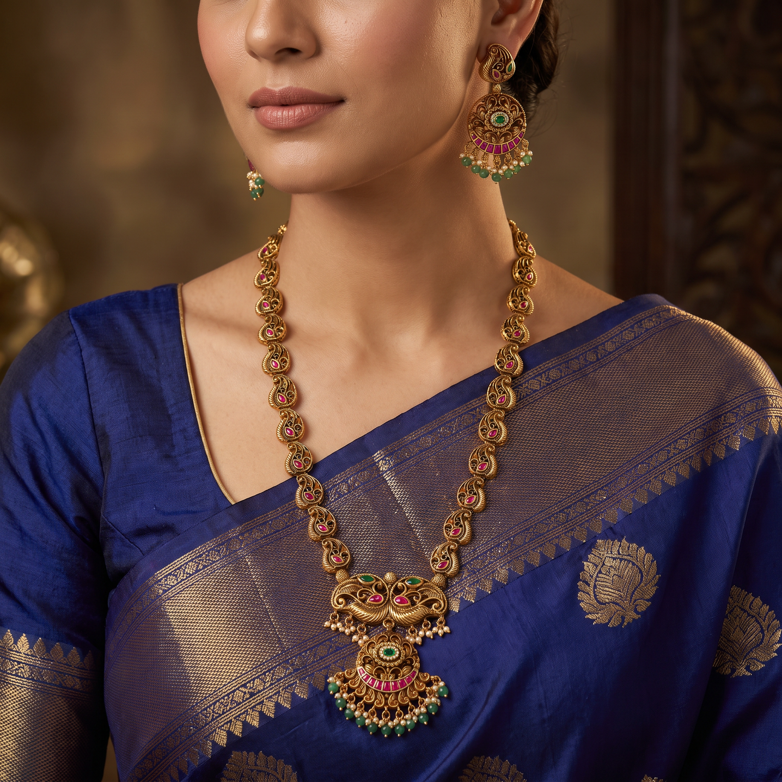 Festive Antique Peacock Long Haara for Traditional Wear