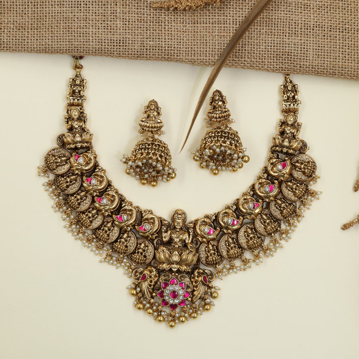Premium Antique Necklace with Peacock Links and Lakshmi Centerpiece
