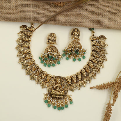 Grand Gajalakshmi Antique Necklace Set with Peacock Links