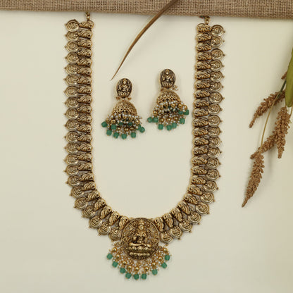 Gajalakshmi Antique Long Haara Set with Peacock Coins
