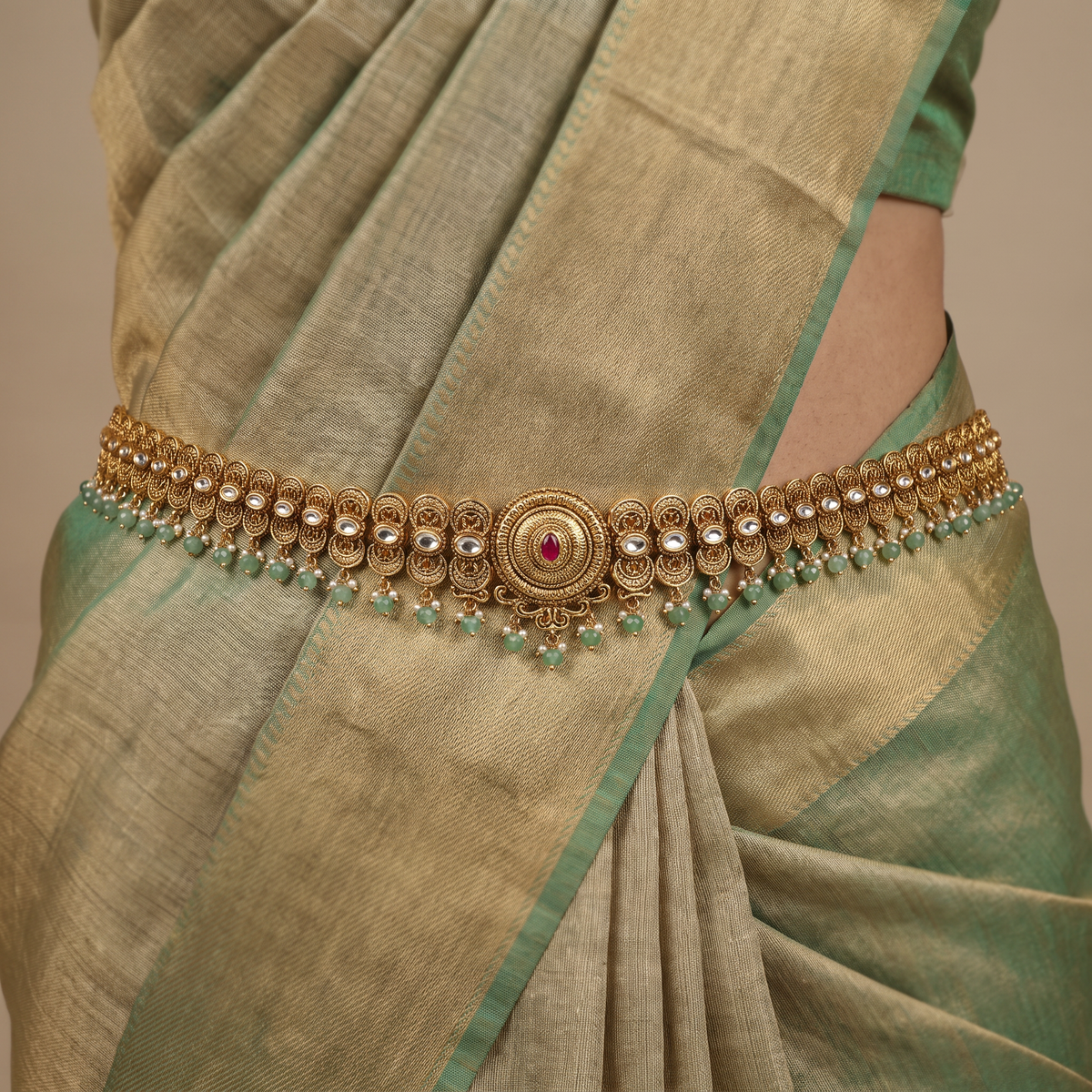Royal Antique Waist Belt with Circular Semi-Precious Zircon Centre