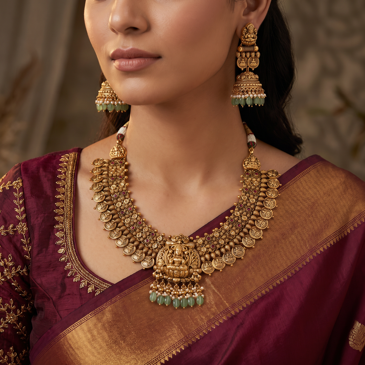 Premium Gajalakshmi Antique Necklace Set with Temple Craftsmanship