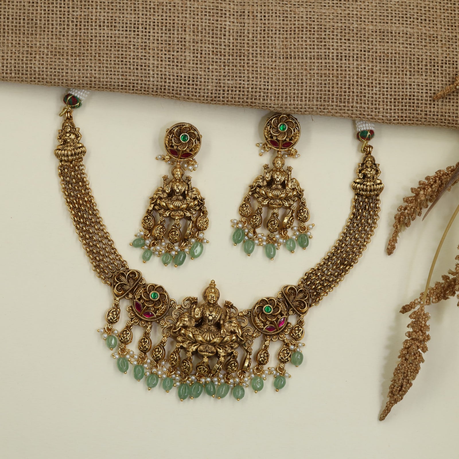 Bridal Antique Necklace Featuring Gajalakshmi Temple Design
