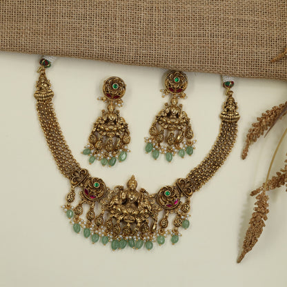 Bridal Gajalakshmi Antique Necklace Set with Temple Design