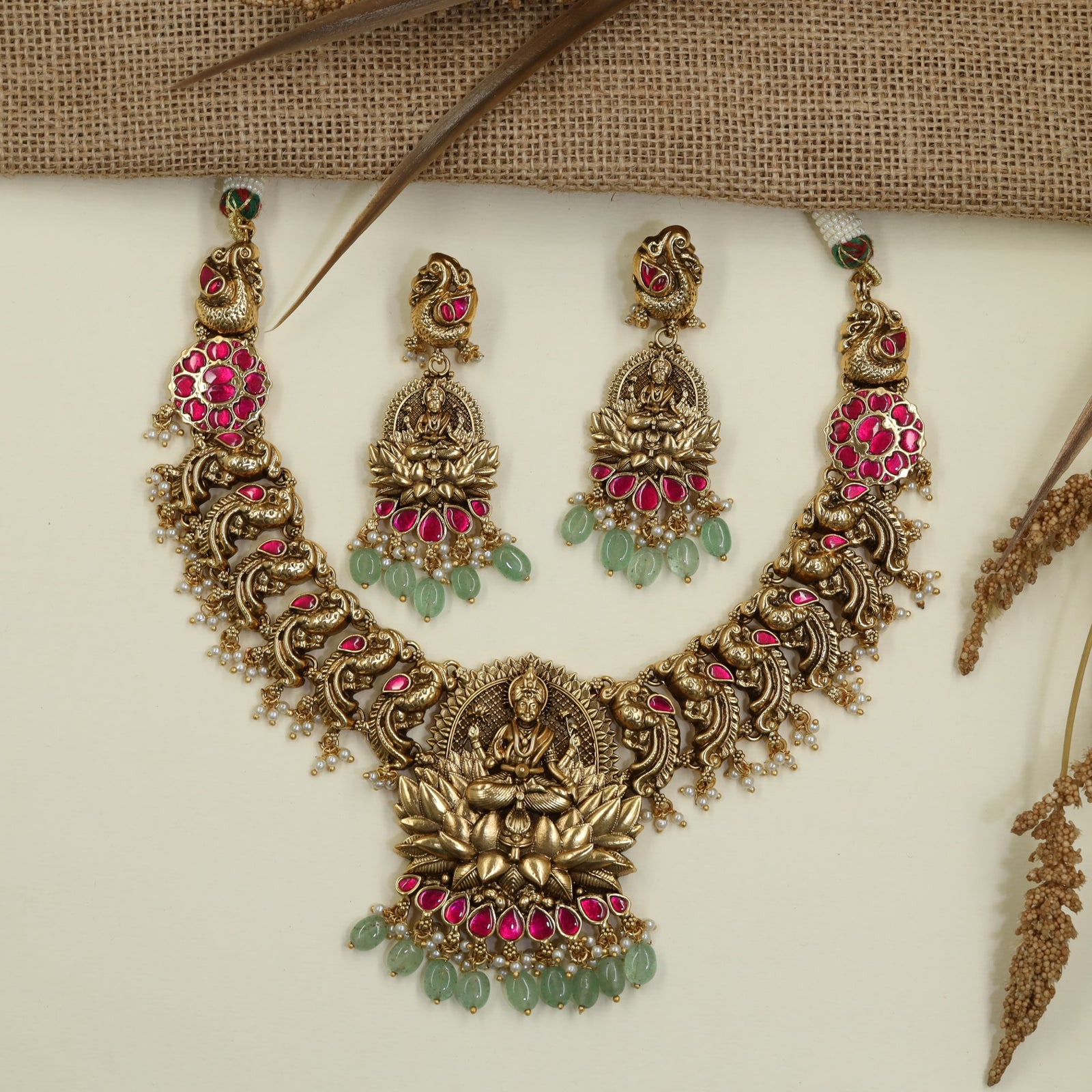 Exclusive Antique Necklace with Lakshmi Lotus Temple Design