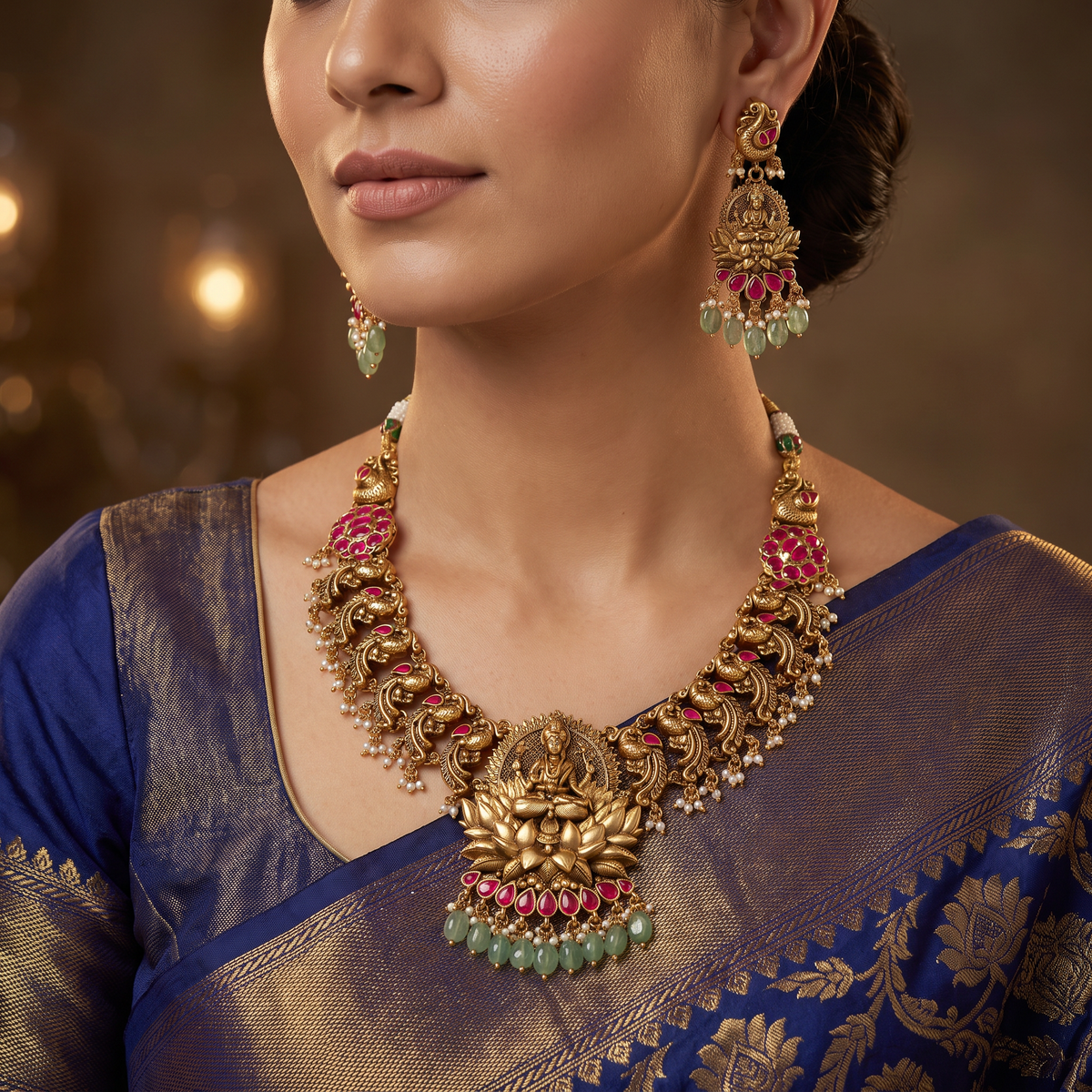 Exclusive Lakshmi Lotus Antique Necklace Set with Temple Design