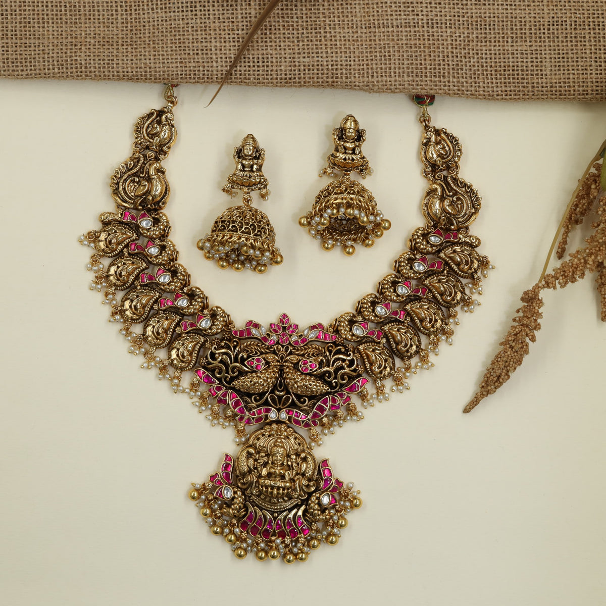 Signature Lakshmi Antique Necklace Set with Temple Centre