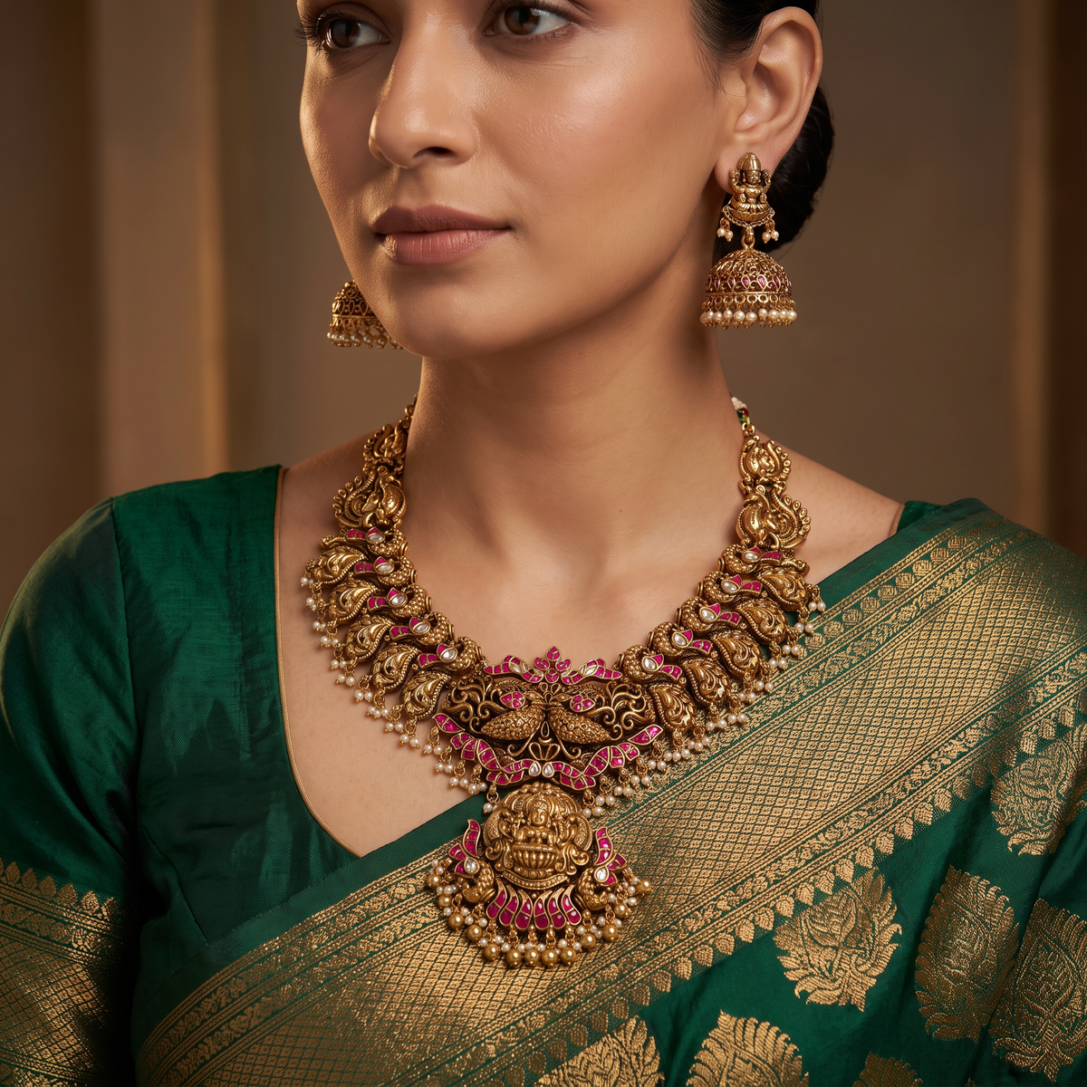 Signature Lakshmi Antique Necklace Set with Temple Centre