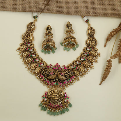 Signature Lakshmi Antique Necklace Set with Temple Centre