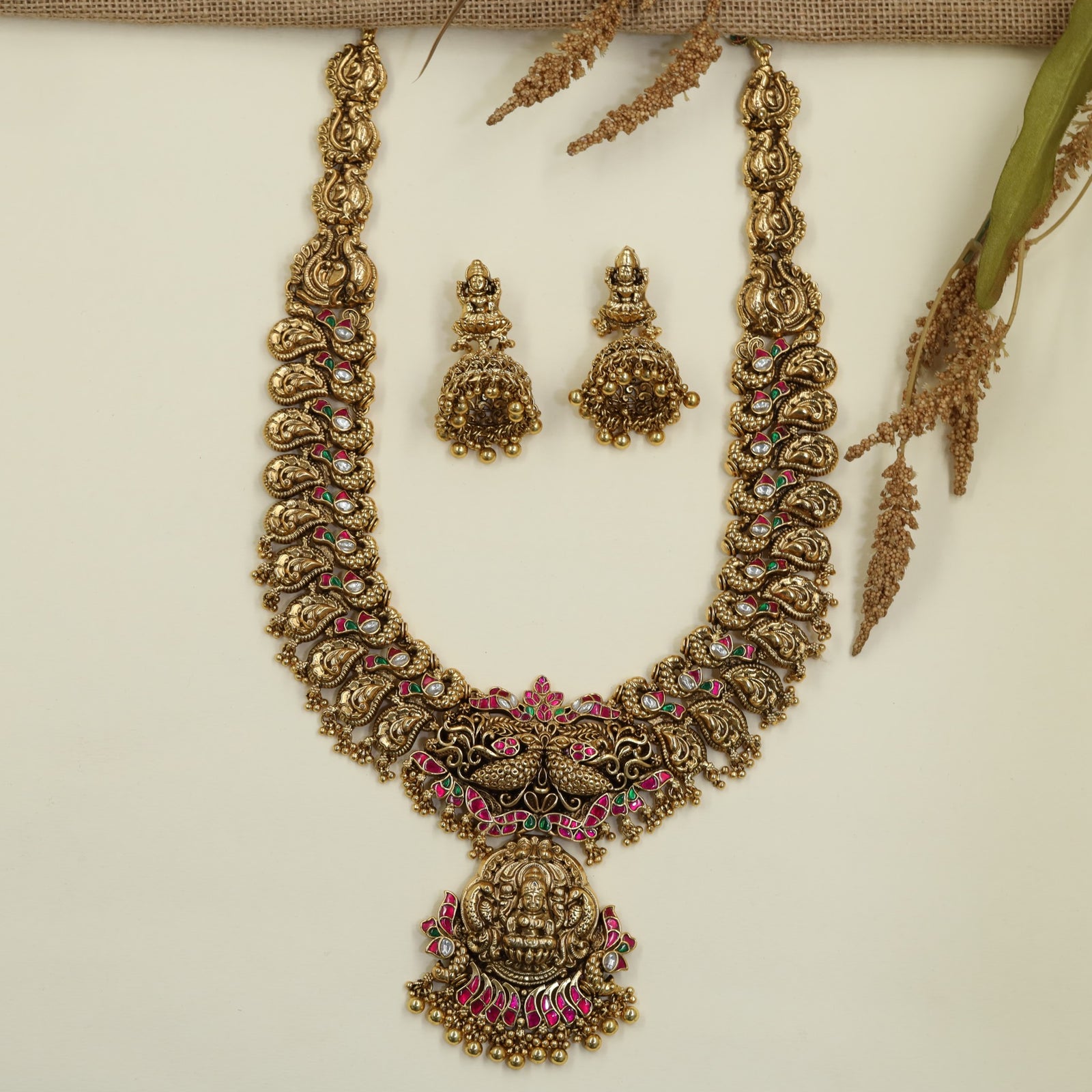 Royal Antique Long Haara with Lakshmi Pendant and Peacock Design