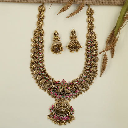 Royal Antique Long Haara with Lakshmi Pendant and Peacock Design