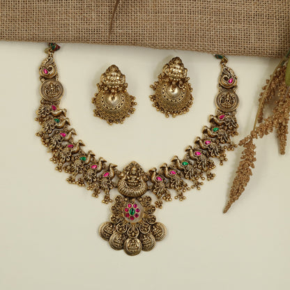 Antique Heritage Necklace with Lakshmi Pendant and Coin Drops
