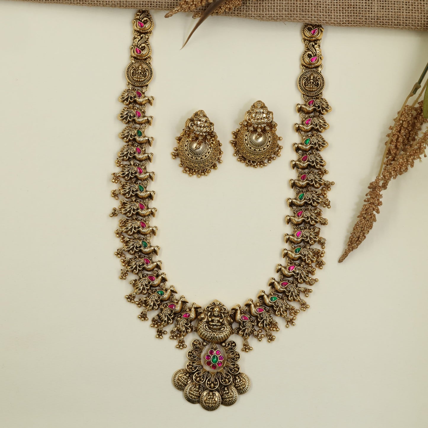 Antique Heritage Long Haara with Lakshmi Pendant and Coin Drops
