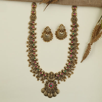 Antique Heritage Long Haara with Lakshmi Pendant and Coin Drops