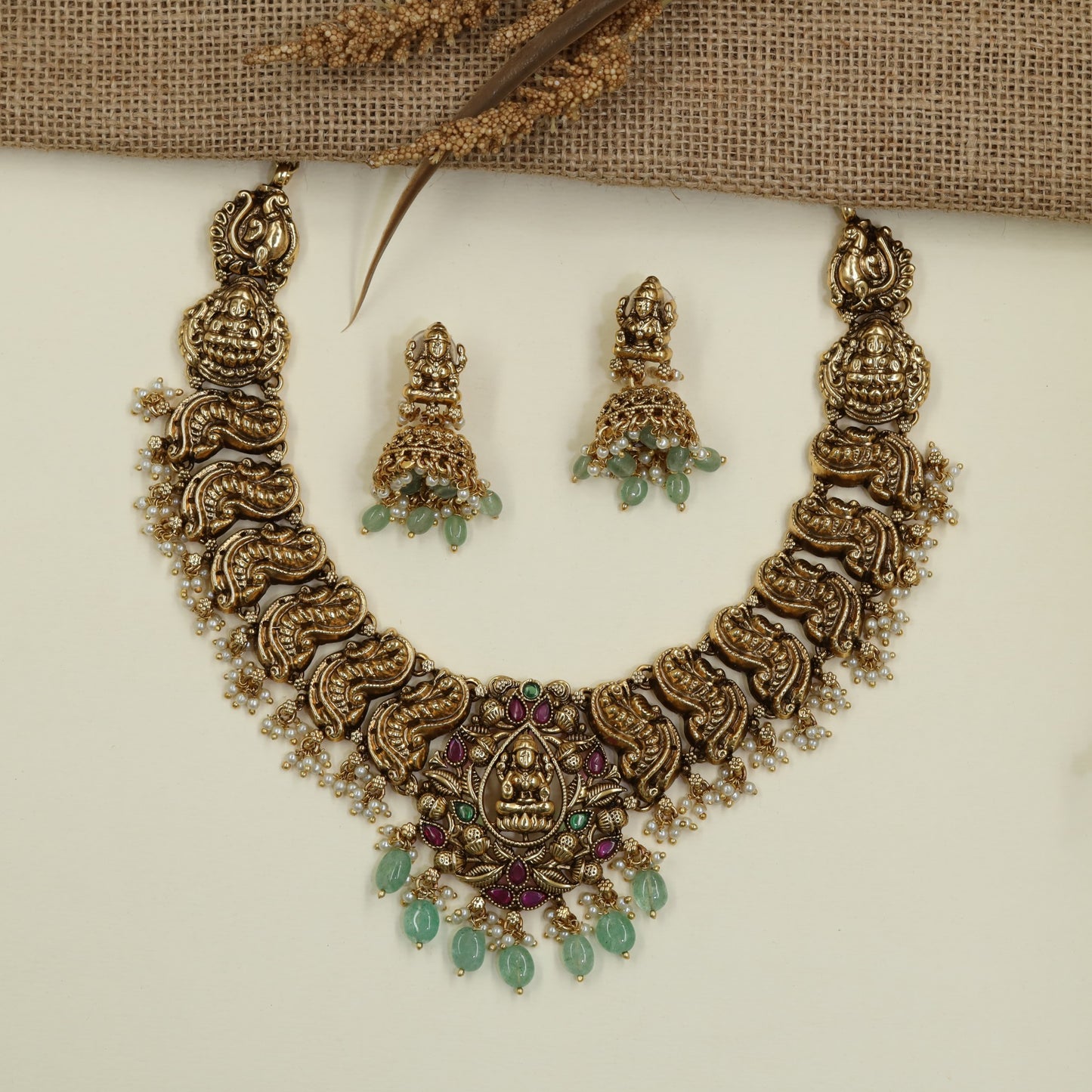 Antique Heritage Necklace with Lakshmi Temple Centerpiece