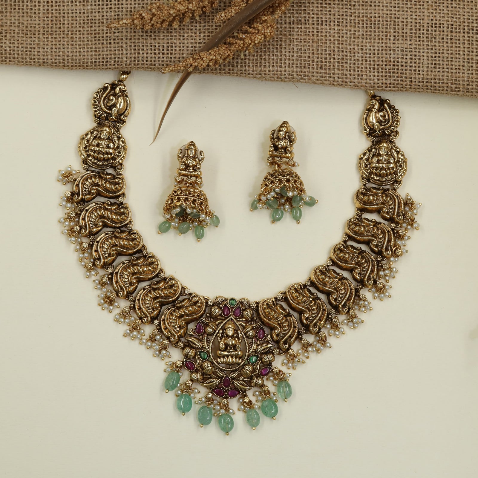 Antique Heritage Necklace with Lakshmi Temple Centerpiece