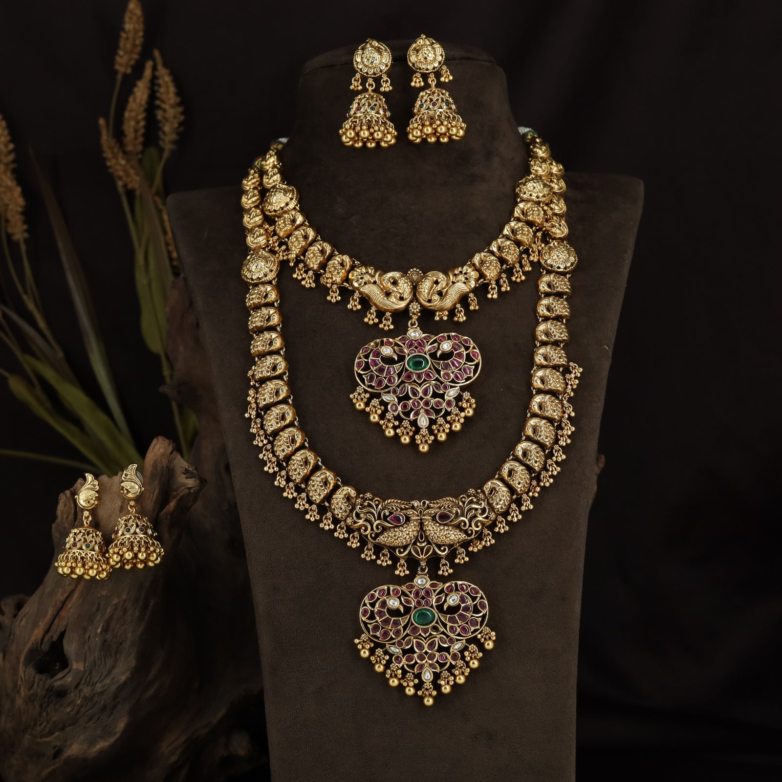 Twin Peacock Antique Combo Set with Statement Filigree Pendants