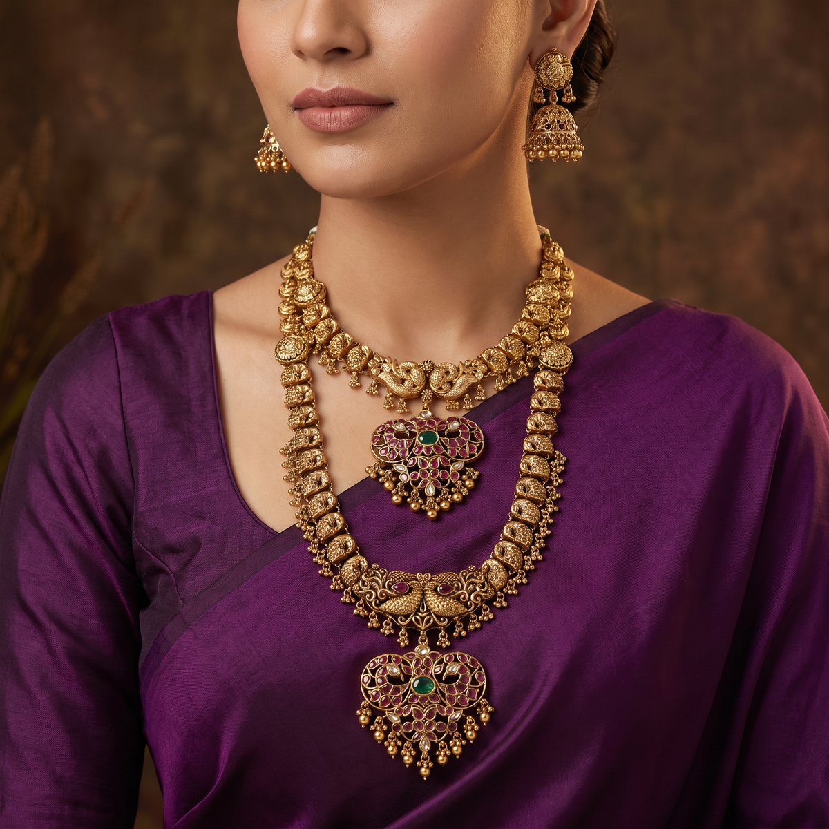 Twin Peacock Antique Combo Set with Filigree Pendants