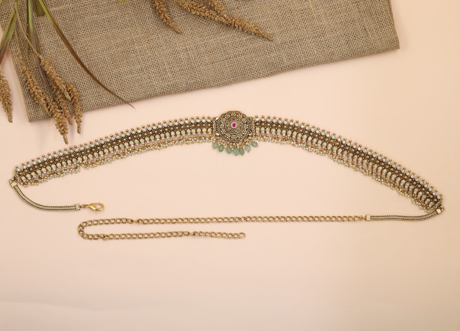 Classic Antique Waist Belt Featuring Layered Pearl Craftsmanship