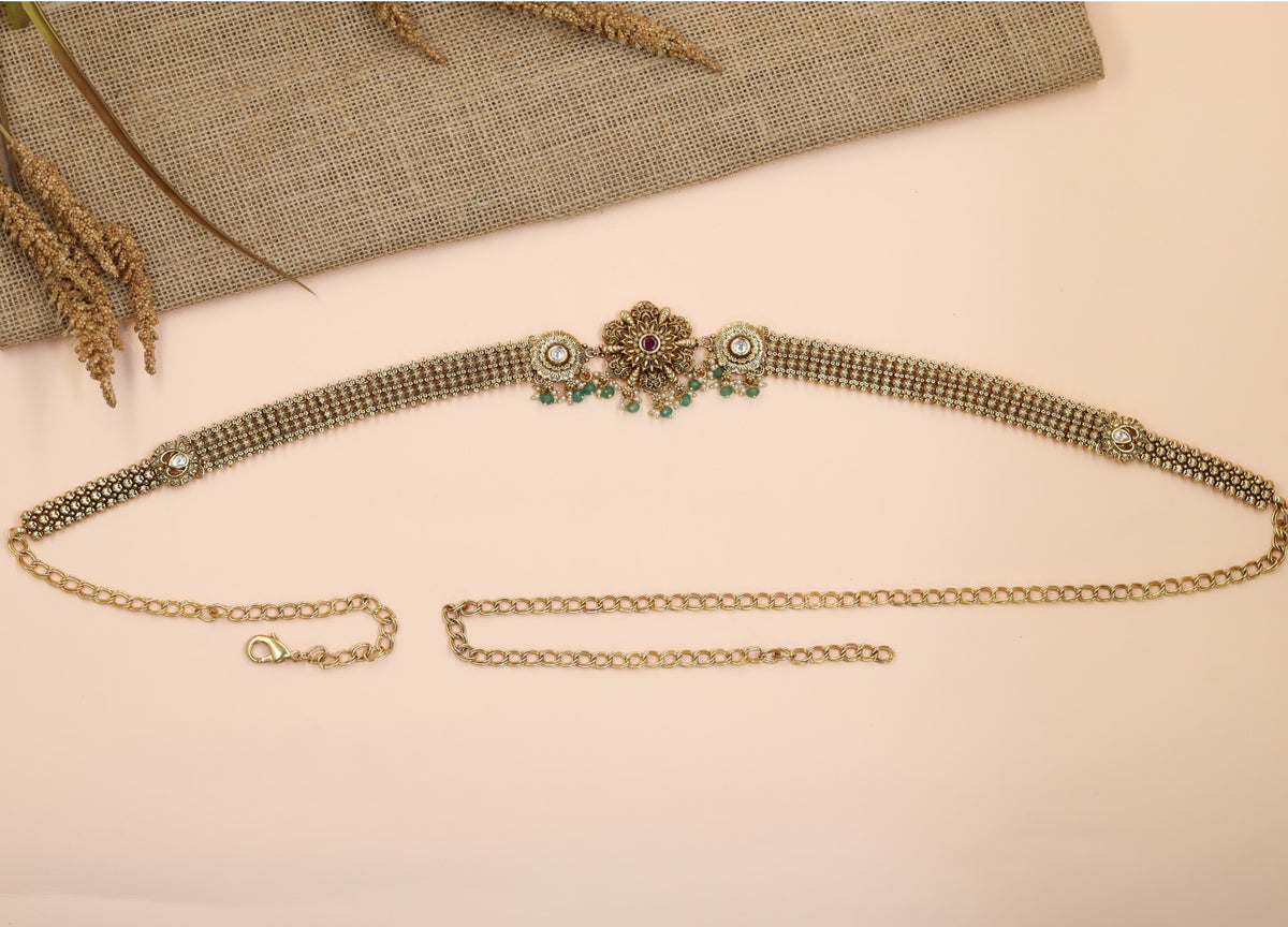 Vintage Antique Waist Belt with Floral Semi-Precious Zircon Centre